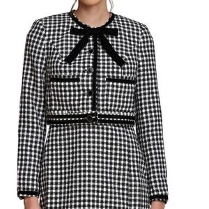 Avec Les Filles Tweed Bow Crop Black and White Plaid Blazer Jacket Medium A2